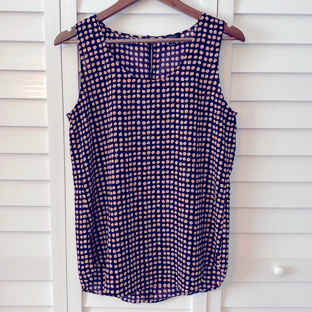 Ann Taylor Navy Blue with Pink Polka Dot Tank Blouse